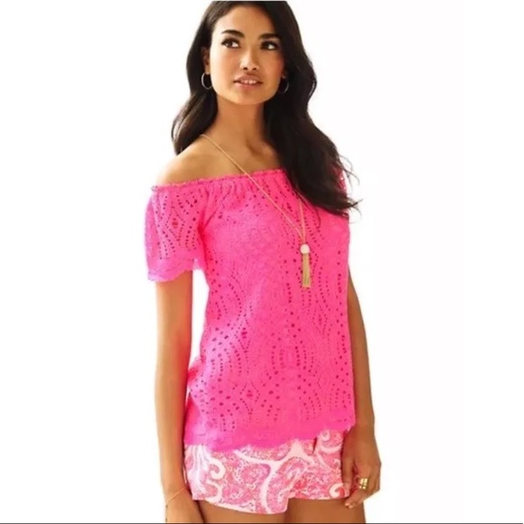 Lilly Pulitzer Tops - Lilly Pulitzer Marble Hot Pink Lace Blouse Top